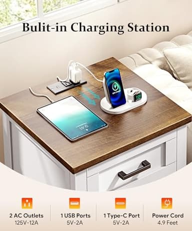 Decofy Farmhouse Nightstand with Charging Station & Large Storage, Set of 2 Modern End Tables with Outlets, USB Ports and Type-C Ports, Easy Assembly for Bedroom (Pure White + Walnut) - Image 5