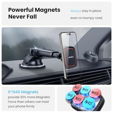 APPS2Car Magnetic Phone Mount for Car, Dashboard & Windshield Suction Cup Holder with Telescopic Arm, Requires Metal Plate (Included), Universal Fit for iPhone & Android Smartphones - Image 3