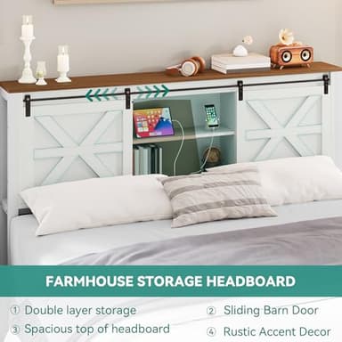 YITAHOME Farmhouse Queen Size Bed Frame with Headboard, Bookcase Shelves, Sliding Barn Door, Charging Station, Rustic Wood Platform Bed, No Box Spring Needed, White - Image 4