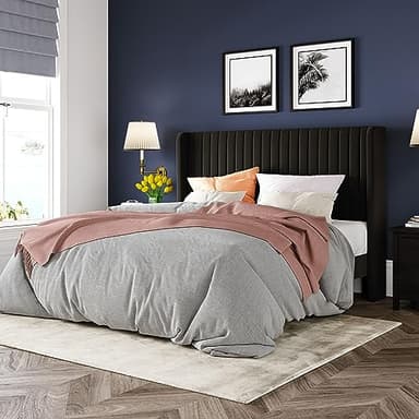 Allewie Queen Size Velvet Bed Frame/Vertical Channel Tufted Wingback Headboard/Upholstered Platform Bed/Strong Wooden Slats/No Box Spring Needed/Easy Assembly/Black - Image 1