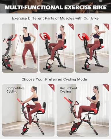 pooboo Folding Exercise Bike - 4-in-1 Magnetic X-Bike, Foldable Upright Indoor Cycling Stationary Bike with 8-Level Resistance, Pulse Sensor, Arm Resistance Bands, Back Support Cushion & Bottle Holder - Home Gym Workout Equipment - Image 2