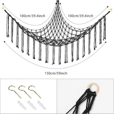 Stuffed Animal Hammock Corner, Hand-knitted Large Plushie Net Toy Hammock with Wooden Rings | Boho Cute Stuff Animal Storage for Nursery & Bedroom | Mesh Kids Toy Organizer Holder Nursery Room Decor - Image 3