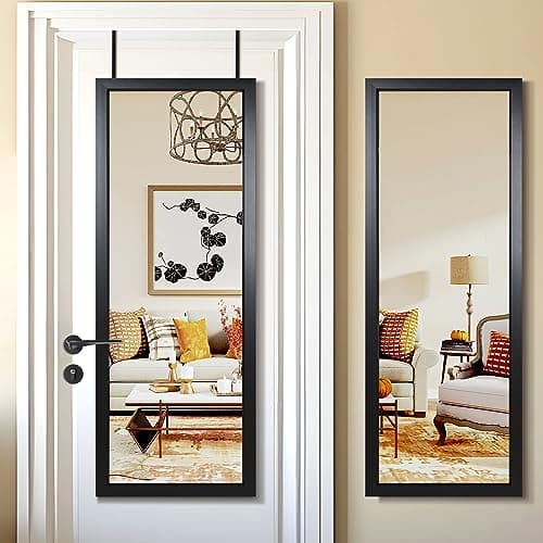 PexFix Door Mirror Full Length 51"x18" Over The Door Rectangle Sleek Black Frame Space Saving Floor Mirror Dressing Hanging Wall Mounted Mirror (US-MHJ002-BK+USAM019) - Image 1
