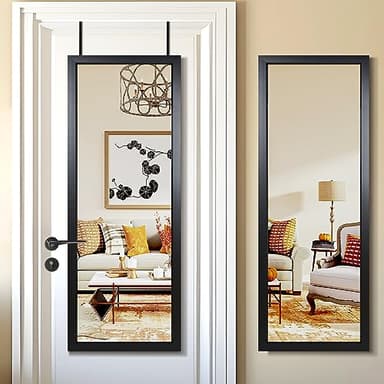 PexFix Door Mirror Full Length 51"x18" Over The Door Rectangle Sleek Black Frame Space Saving Floor Mirror Dressing Hanging Wall Mounted Mirror (US-MHJ002-BK+USAM019) - Image 1