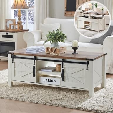 OKD 48" Farmhouse Lift Top Coffee Table with Sliding Barn Door,Rustic Center Table with Hidden Storage Compartment,Lifting Tabletop and Adjustable Shelf for Living Room,Office,Antique White - Image 1