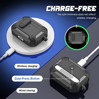 RFUNGUANGO for AirPods Pro Case Cover with Cleaner Kit, Military Hard Shell Protective Armor with Lock for AirPod Pro Charging Case, Front LED Visible,Black - Image 4