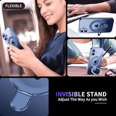 Magnetic for iPhone 16 Case with Invisible Stand[Compatible with MagSafe][Full Camera Lens Protector][Military Drop Protection] Shockproof Not Yellowing Clear Soft Slim for Women Men, Blue - Image 2
