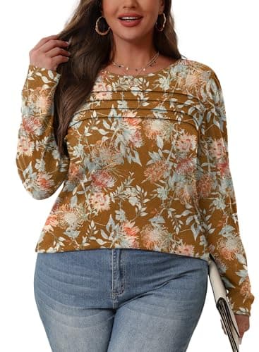 Womens Tops Long Sleeve Shirts Fleece Pullover Sweaters Fall Outfits Tunic Tops for Leggings Leaf Print Yellow Brown S - Image 3