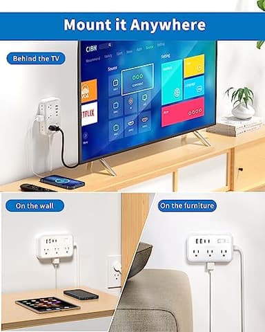 Surge Protector Power Strip with 6 Outlets 4 USB Ports(2USB C), Flat Extension Cord with Multiple Outlets, 1080 Joules, 5 ft Flat Plug Outlet Extender for Indoor, Office Supplies, Dorm Room Essentials - Image 7