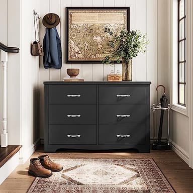 LINSY HOME 6 Drawer Dresser, Black Dresser for Bedroom, Modern Double Dresser Organizer, Black Wood Dresser Chest of Drawers for Living Room,Entryway and Hallway - Image 2