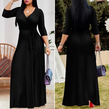 FANDEE Plus Size Maxi Dress for Women - Casual Summer Sundress V-Neck 3/4 Sleeve Solid Black XL - Image 4