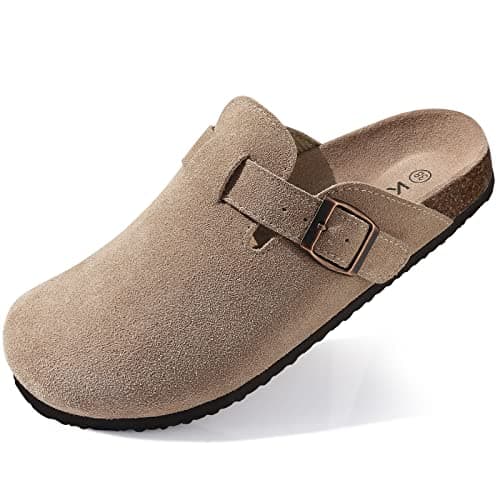 KIDMI Women's Genuine Suede Clogs Cork Footbed Sandals Leather Mules Potato Shoes with Arch Support Taupe 39 (Size 7.5-8) - Image 1
