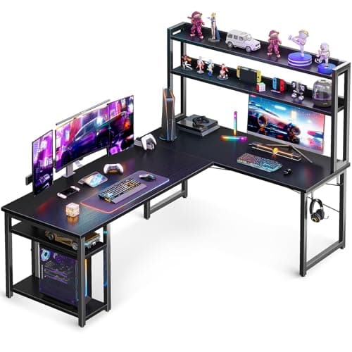 ODK L Shaped Gaming Desk with Hutch, Computer Desk with Storage Shelves, 66" L Shaped Desk for Home Office, Corner Desk with Headphone Hook, Black - Image 1