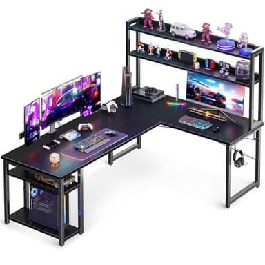 ODK L Shaped Gaming Desk with Hutch, Computer Desk with Storage Shelves, 66" L Shaped Desk for Home Office, Corner Desk with Headphone Hook, Black - Image 1