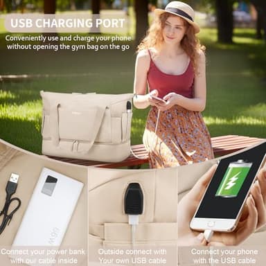 ETRONIK Gym Bag for Women, 47L Carry On Travel Duffel Bag with Shoes Compartment, Weekender Overnight Bag with Wet Pocket & USB Charging Port for Women, Travel, Gym, Weekend, Large Size (Khaki) - Image 7