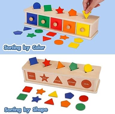 Peacurh Montessori Toys Wooden Color & Shape Sorter Toys for Toddlers 1-3, Matching Box Sorting Blocks Manipulatives Preschool Learning Educational Toy for 1 2 3 4 Year Old Boy Girl Kid Gifts - Image 4