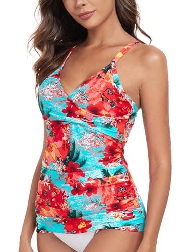 RELELCIGA Women’s Tankini Top V Neck Ruched Tummy Control Bathing Suit Top(Blue Floral,M) - Image 2