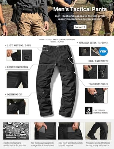 CQR Men's Flex Ripstop Tactical Pants, Water Resistant Stretch Cargo Pants, Lightweight EDC Hiking Work Pants, Dura Flex Mag Pocket Black, 32W x 34L - Image 5