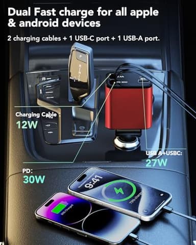 Retractable Car Charger 4 in 1, Compatible with iPhone 17 Car Charger Fast Charging, Type C Retractable Fast Car Charger, 69W USB C Car Charger Adapter for iPhone 17/16/15/14/Galaxy/Pixel - Image 5