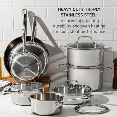T-fal Pro Tri-Ply Stainless Steel Cookware Set 13 Piece, Induction Compatible Oven Safe 500F, Lids 350F, Fast & Even Heat, Professional Quality & Durability, Pots and Pans Set, Dishwasher Safe, Silver - Image 3