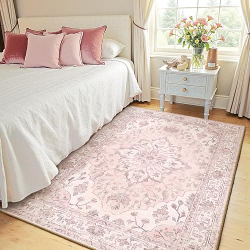 RELEANY Area Rugs 5'x7' Washable Non-Slip, Floral Vintage Distress Print Pattern Medallion Carpet for Living Room Bedroom Dining Room, Pink Greypink Cute - Image 1