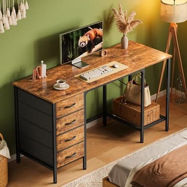 Huuger 55 Inch Computer Desk with 4 Drawers, Office Desk with Mesh Shelf, Gaming Desk, Large Storage, Writing Desk Work Desk for Home Office, Study, Bedroom, Work from Home, Rustic Brown - Image 8