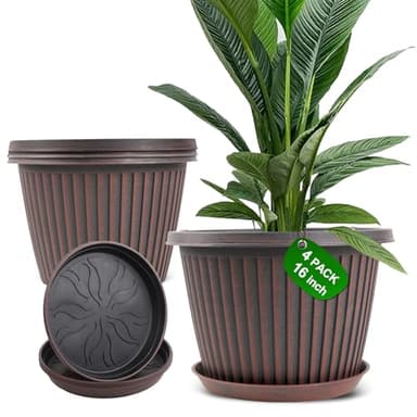 Large-Planter-Indoor-Outdoor Plant Pots, 16 inch 4 Pack Plastic Flower Pots with Saucer and Drainage Holes, Modern Garden Planters for Planting Medium Large Plants， Decorative Resin Garden Pots - Image 1