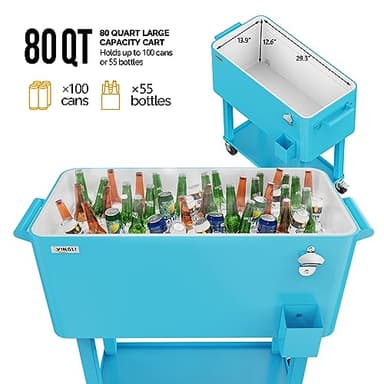 VINGLI 80 Quart Rolling Ice Chest, Portable Patio Party Bar Drink Cooler Cart, with Shelf, Beverage Pool with Bottle Opener (Light Blue) - Image 6