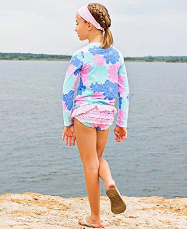 RuffleButts Baby/Toddler Girls Long Sleeve Rash Guard UPF50+ Sun Protected Bikini Swimsuit - Pastel Petals X, 3-6m - Image 2