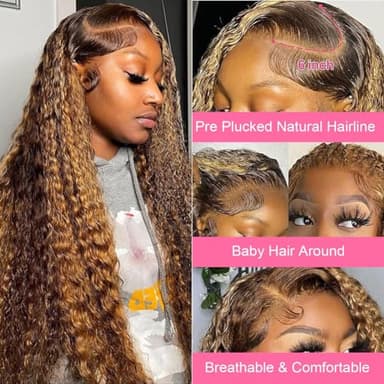 Kdmidun Ombre Highlight Deep Wave Lace Front Wigs Human Hair P4/27 13x6 Curly Frontal Wigs for Women Glueless Honey Blonde Curly Wigs Pre Plucked (13x6 highlight deep wave wig, 30 Inch) - Image 4