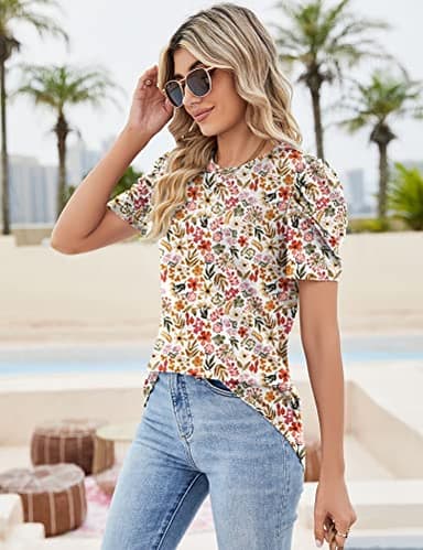 Ivicoer Puff Sleeve Shirt Floral Tops Casual Ladies Blouses Dressy Bohemian Blouses for Women 2025 Teacher Outifts XXL - Image 4