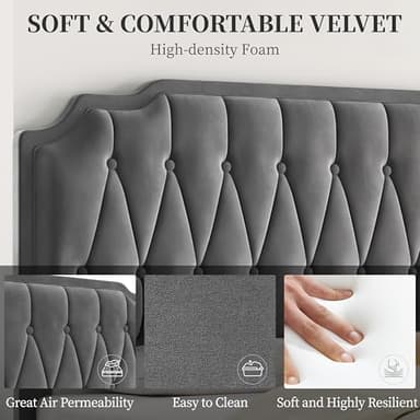 Yaheetech Queen Bed Frame Velvet Upholstered Platform Bed with Curved Headboard, Height-Adjustable Headboard/Noise-Free/Wooden Slats Support/No Box Spring Needed/Easy Assembly, Dark Gray Queen Bed - Image 5