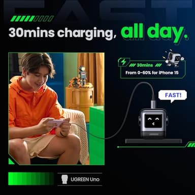 UGREEN Uno 30W USB C Charger Block, Compact Nexode Robot GaN Fast Charger for iPhone 17/16/15/14, Galaxy S25/S24/S23/S22, Pixel 10/9/8/7/6, MacBook Air, iPad Pro (Black) - Image 3