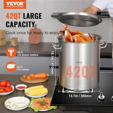 VEVOR Stainless Steel Stockpot, 42 Quart Large Cooking Pots, Cookware Sauce Pot with Strainer, Lid, and Handle, Heavy Duty Commercial Grade Stock Pot, Sanding Treatment, for Large Groups Events Silver - Image 2