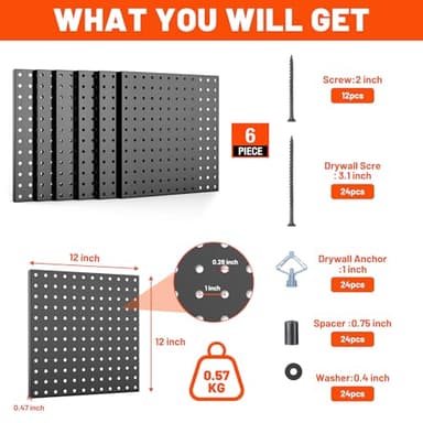 ValueMax 6 Pack Metal Pegboard Panels, 12”x 12” Heavy Duty Metal Pegboard Wall Organizer for Home, Garage, Workbench, Kitchen, Craft Room Tool Storage, Black Modular Peg Board Organizer Board - Image 2