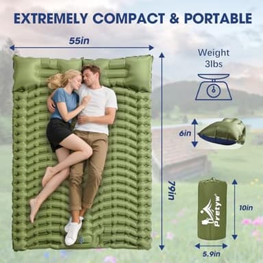 Pretyw Double Sleeping Pad for Camping - Ultralight Camping Mattress with Pillow, Built-in Foot Pump, Compact Inflatable 2-Person Portable Mat for Backpacking, Hiking, Car Traveling, Beach, Tent - Image 2