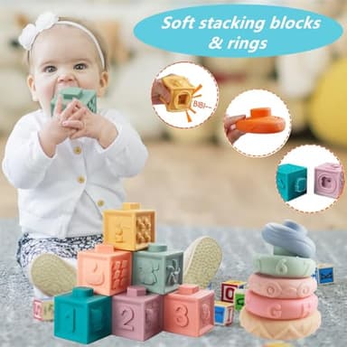 ELLECK Baby Toys 6-12 Months, Montessori Toys for Toddlers 1-3 Year Old, Busy Cube Teether Infants Bath 6 in 1 Stacking Blocks Rings, Suction Cup Spinner, Shape Bin Sensory (0035) - Image 2