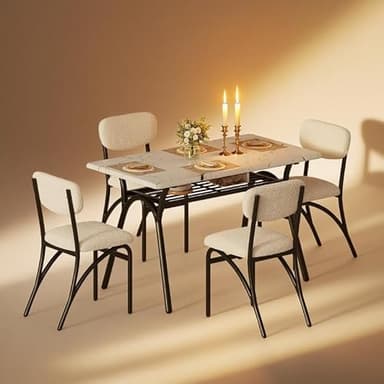 GarveeHome 5-Piece Dining Table Set for 4, Modern Kitchen Table with 4 Boucle Chairs, Rectangular Dining Table with Storage Shelf & Marble Tabletop, Beige Home Dining Furniture for Small Space - Image 1