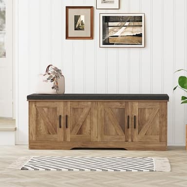 HOMSHO 2-Tier Storage Bench, 47.2" Wide Shoe Bench with Padded Seat Cushion, Entryway Bench with 4 Barn Doors and Adjustable Shelf, Rustic Walnut - Image 9