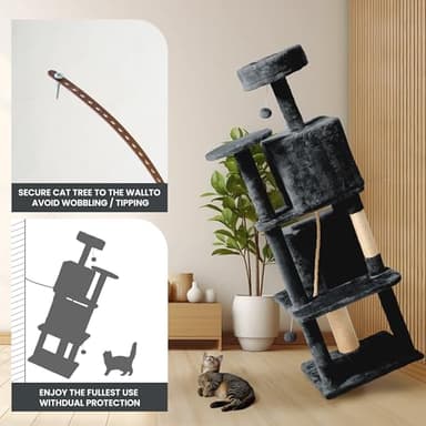 Nineshi 59in Large Cat Tree Tower for Indoor Cats with Soft Plush Hang Ball, Two Condos, Sisal Scratch Posts & Rope Play for Kittens/Adult Cats, Deep Grey - Image 2