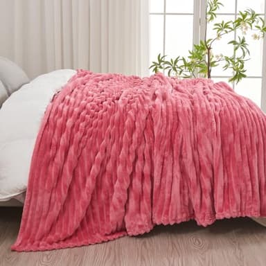 NEWCOSPLAY Super Soft Queen Blanket Coral Pink Premium Silky Flannel Fleece 3D Ribbed Jacquard Lightweight Bed Blanket All Season Use (Coral Pink Ribbed, Queen(90"x90")) - Image 4