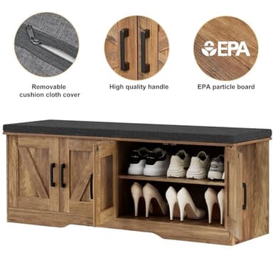 HOMSHO 2-Tier Storage Bench, 47.2" Wide Shoe Bench with Padded Seat Cushion, Entryway Bench with 4 Barn Doors and Adjustable Shelf, Rustic Walnut - Image 7
