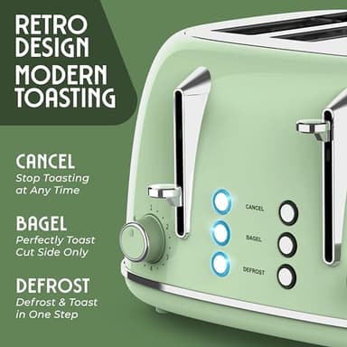 Mueller Retro Toaster 4 Slice with Extra Wide Slots Bagel, Defrost, and Cancel Function, 6 Browning Levels, Dual Independent Controls, Removable Crumb Tray and High Lift Levers, Sage Green - Image 2