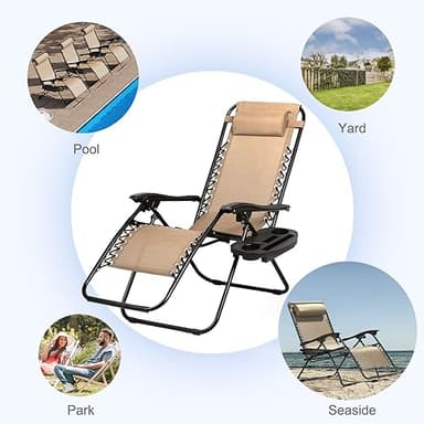Nazhura Set of 2 Relaxing Recliners Patio Chairs Adjustable Steel Mesh Zero Gravity Lounge Chair Beach Chairs with Pillow and Cup Holder Khaki (Kahki) - Image 8