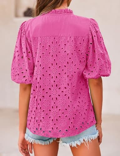 PRETTYGARDEN Women's Summer Tops 2025 Dressy Casual Short Sleeve V Neck Buttons Hollow Out Lace Embroidered Blouses Shirts (Rose Pink,Small) - Image 2