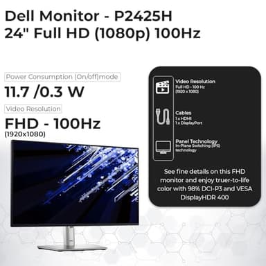 Dell P2425H Computer Monitor Screen 24" 16:9 IPS Display 100Hz w/Stand - 1 Year Warranty, Full HD, 1920 x 1080 with Power Cord + DisplayPort Cable + HDMI Cable + USB 3.0 Cable + Microfiber Cloth - Image 3