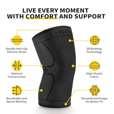 CAMBIVO 2 Pack Knee Braces for Knee Pain, Knee Compression Sleeve for Men and Women, Knee Support for Meniscus Tear, Running, Weightlifting, Workout, ACL, Arthritis, Joint Pain Relief (Black,Medium) - Image 3