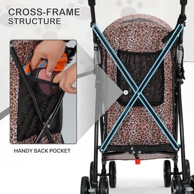 MoNiBloom 4 Wheels Pet Stroller, Easy-Fold Umbrella Shaped Dog Cat Jogger Stroller w/Storage Bag & Visible Mesh for Small/Medium Dogs Cats Leopard Print - Image 8