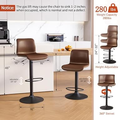 HeuGah Swivel Bar Stools Set of 4, Counter Height Bar Stools with Back, Adjustable Bar Stools 24" to 32", Brown Faux Leather Bar Chairs for Kitchen Island (Brown, Set of 4 (24'' to 32'')) - Image 3