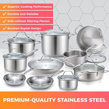 Mueller Pots and Pans Set 17-Piece, Ultra-Clad Pro Stainless Steel Cookware Set, Ergonomic EverCool Handle, Induction Cookware, Includes Saucepans, Skillets, Dutch Oven, Stockpot, Steamer For Cooking - Image 2